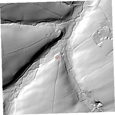 Shaded relief map of the ground around EX203PF, computed from Environment Agency LiDAR. The ground here sits at about 147 m above sea level and falls 58 m across the surrounding 800 m. Surface water reaching this point runs off ground lying to the south, 29.1 m higher.