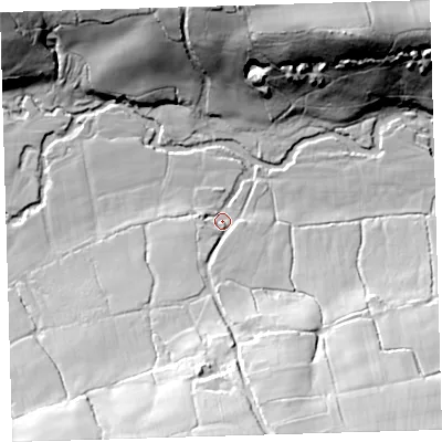 Shaded relief map of the ground around EX203PS, computed from Environment Agency LiDAR. The ground here sits at about 94 m above sea level and falls 49 m across the surrounding 800 m. Surface water reaching this point runs off ground lying to the south-south-east, 33.7 m higher.