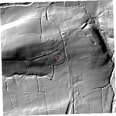 Shaded relief map of the ground around EX203QA, computed from Environment Agency LiDAR. The ground here sits at about 80 m above sea level and falls 43 m across the surrounding 800 m. Surface water reaching this point runs off ground lying to the north-north-west, 7.1 m higher.