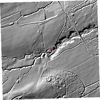 Shaded relief map of the ground around EX203QG, computed from Environment Agency LiDAR. The ground here sits at about 66 m above sea level and falls 26 m across the surrounding 800 m. Surface water reaching this point runs off ground lying to the south-west, 21.8 m higher.