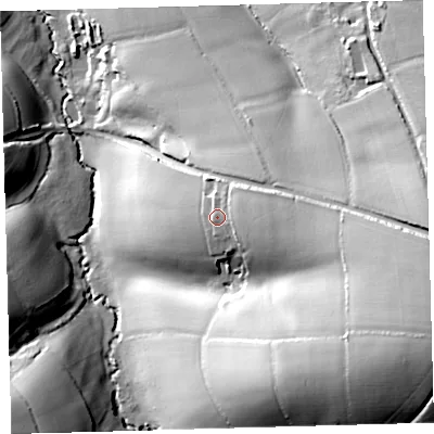 Shaded relief map of the ground around EX203QT, computed from Environment Agency LiDAR. The ground here sits at about 131 m above sea level and falls 61 m across the surrounding 800 m. Surface water reaching this point runs off ground lying to the east, 6.8 m higher.