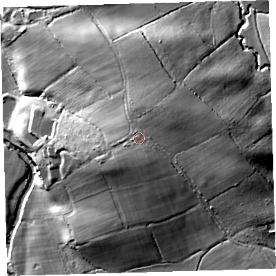 Shaded relief map of the ground around EX203QY, computed from Environment Agency LiDAR. The ground here sits at about 98 m above sea level and falls 31 m across the surrounding 800 m. Surface water reaching this point runs off ground lying to the south-east, 1.1 m higher.