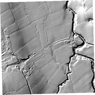 Shaded relief map of the ground around EX203RE, computed from Environment Agency LiDAR. The ground here sits at about 92 m above sea level and falls 34 m across the surrounding 800 m. Surface water reaching this point runs off ground lying to the south-west, 22.5 m higher.