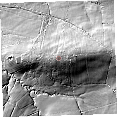 Shaded relief map of the ground around EX203RH, computed from Environment Agency LiDAR. The ground here sits at about 123 m above sea level and falls 39 m across the surrounding 800 m. Surface water reaching this point runs off ground lying to the east, 3.0 m higher.