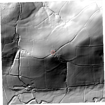 Shaded relief map of the ground around EX204AA, computed from Environment Agency LiDAR. The ground here sits at about 156 m above sea level and falls 98 m across the surrounding 800 m. Surface water reaching this point runs off ground lying to the north-north-west, 3.4 m higher.