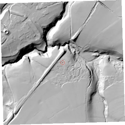 Shaded relief map of the ground around EX204AJ, computed from Environment Agency LiDAR. The ground here sits at about 218 m above sea level and falls 60 m across the surrounding 800 m. Surface water reaching this point runs off ground lying to the east-south-east, 2.4 m higher.