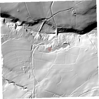 Shaded relief map of the ground around EX204AL, computed from Environment Agency LiDAR. The ground here sits at about 240 m above sea level and falls 104 m across the surrounding 800 m. Surface water reaching this point runs off ground lying to the south-east, 55.7 m higher.