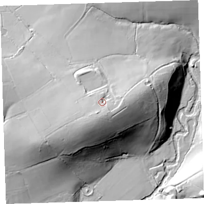 Shaded relief map of the ground around EX204DE, computed from Environment Agency LiDAR. The ground here sits at about 120 m above sea level and falls 52 m across the surrounding 800 m. Surface water reaching this point runs off ground lying to the south-south-east, 6.8 m higher.