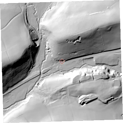 Shaded relief map of the ground around EX204ED, computed from Environment Agency LiDAR. The ground here sits at about 125 m above sea level and falls 69 m across the surrounding 800 m. Surface water reaching this point runs off ground lying to the north-north-east, 50.8 m higher.