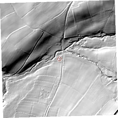 Shaded relief map of the ground around EX204HQ, computed from Environment Agency LiDAR. The ground here sits at about 209 m above sea level and falls 65 m across the surrounding 800 m. Surface water reaching this point runs off ground lying to the south-east, 48.7 m higher.