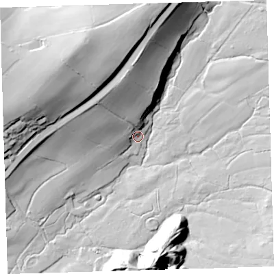 Shaded relief map of the ground around EX204JB, computed from Environment Agency LiDAR. The ground here sits at about 186 m above sea level and falls 62 m across the surrounding 800 m. Surface water reaching this point runs off ground lying to the north-north-west, 32.6 m higher.