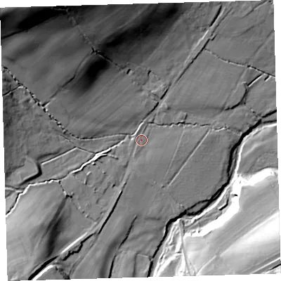 Shaded relief map of the ground around EX204LR, computed from Environment Agency LiDAR. The ground here sits at about 192 m above sea level and falls 56 m across the surrounding 800 m. Surface water reaching this point runs off ground lying to the south-west, 26.9 m higher.