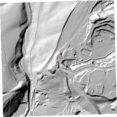 Shaded relief map of the ground around EX204LT, computed from Environment Agency LiDAR. The ground here sits at about 275 m above sea level and falls 115 m across the surrounding 800 m. Surface water reaching this point runs off ground lying to the east-south-east, 37.6 m higher.