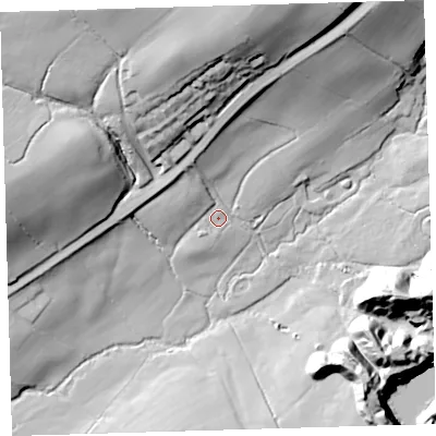Shaded relief map of the ground around EX204QE, computed from Environment Agency LiDAR. The ground here sits at about 178 m above sea level and falls 60 m across the surrounding 800 m. Surface water reaching this point runs off ground lying to the north-west, 7.4 m higher.