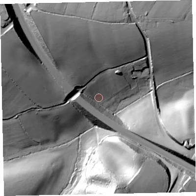Shaded relief map of the ground around EX20AD, computed from Environment Agency LiDAR. The ground here sits at about 21 m above sea level and falls 53 m across the surrounding 800 m. Surface water reaching this point runs off ground lying to the north-west, 42.5 m higher.