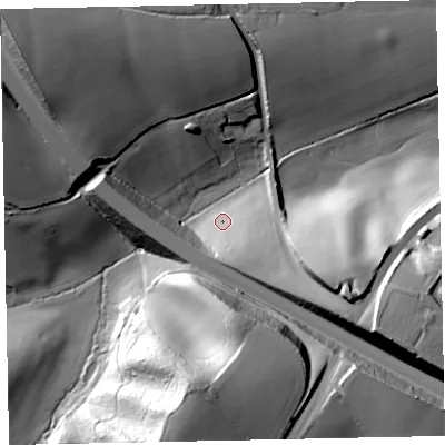 Shaded relief map of the ground around EX20AN, computed from Environment Agency LiDAR. The ground here sits at about 19 m above sea level and falls 54 m across the surrounding 800 m. Surface water reaching this point runs off ground lying to the south, 49.0 m higher.