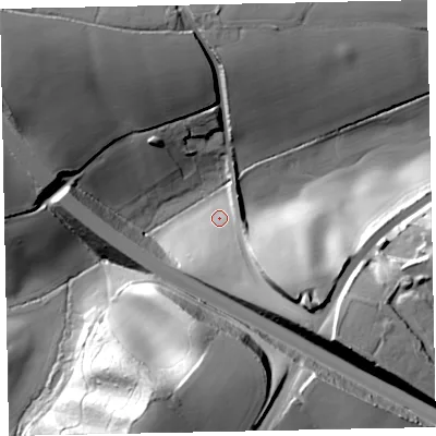 Shaded relief map of the ground around EX20AP, computed from Environment Agency LiDAR. The ground here sits at about 19 m above sea level and falls 55 m across the surrounding 800 m. Surface water reaching this point runs off ground lying to the south-south-east, 18.1 m higher.