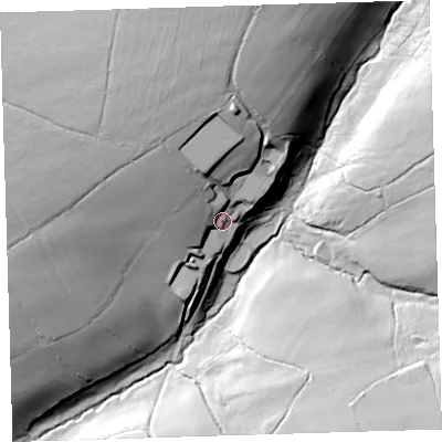 Shaded relief map of the ground around EX215AJ, computed from Environment Agency LiDAR. The ground here sits at about 192 m above sea level and falls 56 m across the surrounding 800 m. Surface water reaching this point runs off ground lying to the north, 28.8 m higher.