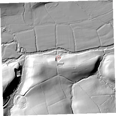 Shaded relief map of the ground around EX215HS, computed from Environment Agency LiDAR. The ground here sits at about 76 m above sea level and falls 40 m across the surrounding 800 m. Surface water reaching this point runs off ground lying to the south-west, 23.7 m higher.