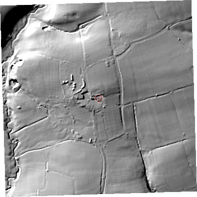 Shaded relief map of the ground around EX215HU, computed from Environment Agency LiDAR. The ground here sits at about 108 m above sea level and falls 41 m across the surrounding 800 m. Surface water reaching this point runs off ground lying to the north, 6.7 m higher.