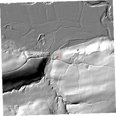 Shaded relief map of the ground around EX215NT, computed from Environment Agency LiDAR. The ground here sits at about 68 m above sea level and falls 73 m across the surrounding 800 m. Surface water reaching this point runs off ground lying to the east-south-east, 62.9 m higher.