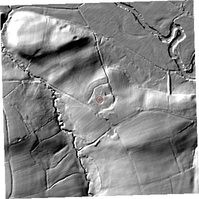 Shaded relief map of the ground around EX215NY, computed from Environment Agency LiDAR. The ground here sits at about 90 m above sea level and falls 44 m across the surrounding 800 m. Surface water reaching this point runs off ground lying to the south-south-east, 6.1 m higher.