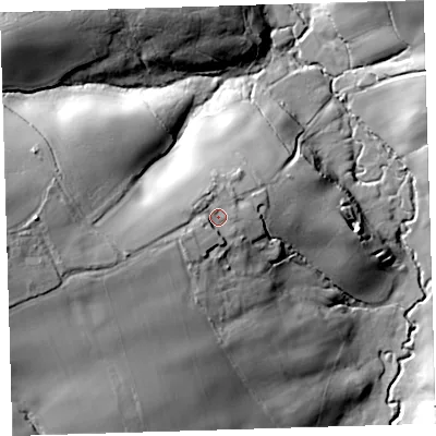 Shaded relief map of the ground around EX215PD, computed from Environment Agency LiDAR. The ground here sits at about 108 m above sea level and falls 52 m across the surrounding 800 m. Surface water reaching this point runs off ground lying to the west-south-west, 7.9 m higher.