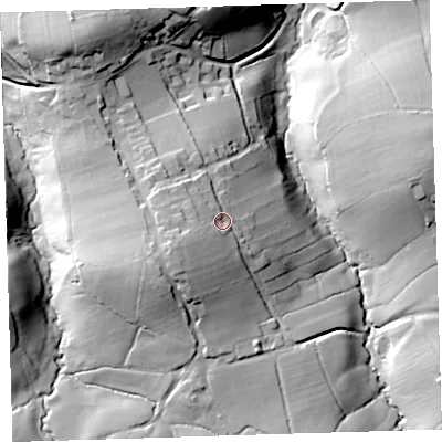 Shaded relief map of the ground around EX215QB, computed from Environment Agency LiDAR. The ground here sits at about 115 m above sea level and falls 43 m across the surrounding 800 m. Surface water reaching this point runs off ground lying to the south-west, 9.0 m higher.