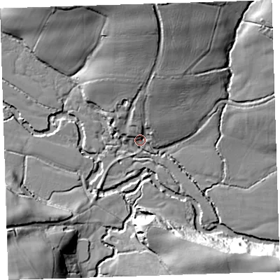 Shaded relief map of the ground around EX215TA, computed from Environment Agency LiDAR. The ground here sits at about 81 m above sea level and falls 33 m across the surrounding 800 m. Surface water reaching this point runs off ground lying to the north, 24.3 m higher.
