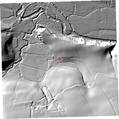 Shaded relief map of the ground around EX215TB, computed from Environment Agency LiDAR. The ground here sits at about 92 m above sea level and falls 66 m across the surrounding 800 m. Surface water reaching this point runs off ground lying to the south-east, 52.7 m higher.