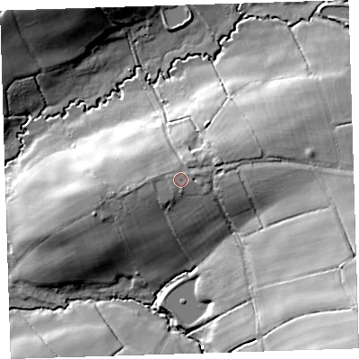 Shaded relief map of the ground around EX215UJ, computed from Environment Agency LiDAR. The ground here sits at about 156 m above sea level and falls 43 m across the surrounding 800 m. Surface water reaching this point runs off ground lying to the east-north-east, 0.8 m higher.