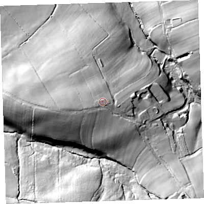 Shaded relief map of the ground around EX215UN, computed from Environment Agency LiDAR. The ground here sits at about 180 m above sea level and falls 59 m across the surrounding 800 m. Surface water reaching this point runs off ground lying to the south-west, 1.0 m higher.