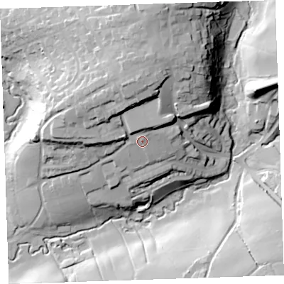 Shaded relief map of the ground around EX226BL, computed from Environment Agency LiDAR. The ground here sits at about 128 m above sea level and falls 45 m across the surrounding 800 m. Surface water reaching this point runs off ground lying to the north, 7.8 m higher.