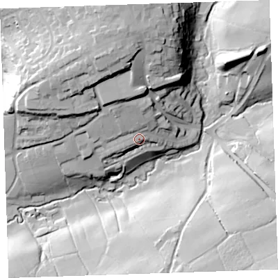 Shaded relief map of the ground around EX226FS, computed from Environment Agency LiDAR. The ground here sits at about 122 m above sea level and falls 46 m across the surrounding 800 m. Surface water reaching this point runs off ground lying to the north-north-west, 7.7 m higher.