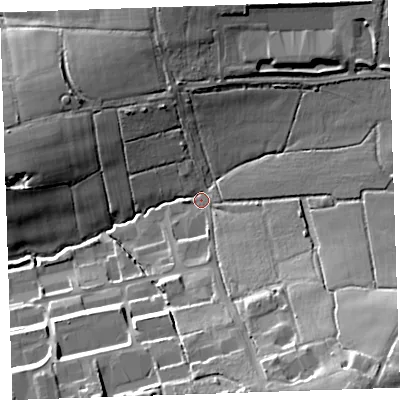 Shaded relief map of the ground around EX226JT, computed from Environment Agency LiDAR. The ground here sits at about 121 m above sea level and falls 30 m across the surrounding 800 m. Surface water reaching this point runs off ground lying to the south-east, 24.8 m higher.