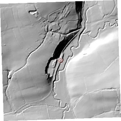Shaded relief map of the ground around EX226JU, computed from Environment Agency LiDAR. The ground here sits at about 104 m above sea level and falls 55 m across the surrounding 800 m. Surface water reaching this point runs off ground lying to the west-north-west, 34.2 m higher.