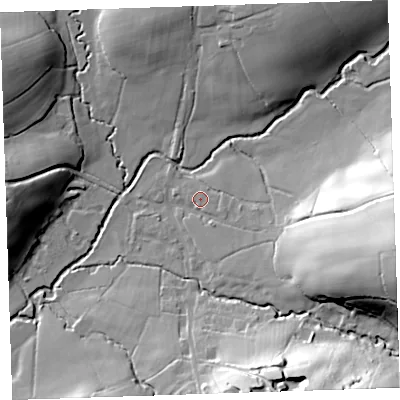 Shaded relief map of the ground around EX226PE, computed from Environment Agency LiDAR. The ground here sits at about 96 m above sea level and falls 45 m across the surrounding 800 m. Surface water reaching this point runs off ground lying to the south-east, 1.7 m higher.