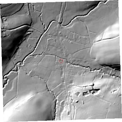 Shaded relief map of the ground around EX226QJ, computed from Environment Agency LiDAR. The ground here sits at about 97 m above sea level and falls 59 m across the surrounding 800 m. Surface water reaching this point runs off ground lying to the south-east, 54.2 m higher.