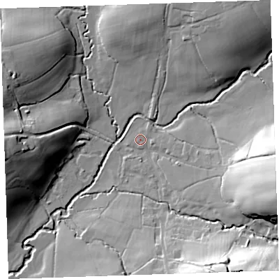 Shaded relief map of the ground around EX226QQ, computed from Environment Agency LiDAR. The ground here sits at about 95 m above sea level and falls 37 m across the surrounding 800 m. Surface water reaching this point runs off ground lying to the east-south-east, 1.6 m higher.