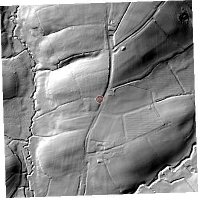 Shaded relief map of the ground around EX226RP, computed from Environment Agency LiDAR. The ground here sits at about 111 m above sea level and falls 41 m across the surrounding 800 m. Surface water reaching this point runs off ground lying to the north-north-east, 24.0 m higher.
