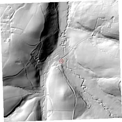 Shaded relief map of the ground around EX226TW, computed from Environment Agency LiDAR. The ground here sits at about 54 m above sea level and falls 61 m across the surrounding 800 m. Surface water reaching this point runs off ground lying to the south, 20.0 m higher.