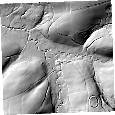 Shaded relief map of the ground around EX226XE, computed from Environment Agency LiDAR. The ground here sits at about 44 m above sea level and falls 58 m across the surrounding 800 m. Surface water reaching this point runs off ground lying to the south-east, 21.5 m higher.