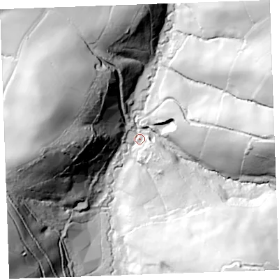Shaded relief map of the ground around EX226XW, computed from Environment Agency LiDAR. The ground here sits at about 65 m above sea level and falls 80 m across the surrounding 800 m. Surface water reaching this point runs off ground lying to the south-east, 74.7 m higher.