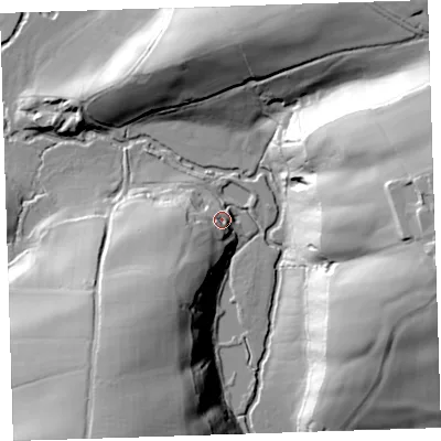 Shaded relief map of the ground around EX227AY, computed from Environment Agency LiDAR. The ground here sits at about 102 m above sea level and falls 56 m across the surrounding 800 m. Surface water reaching this point runs off ground lying to the south-west, 16.6 m higher.