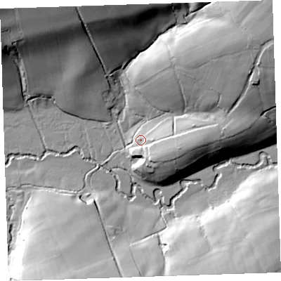 Shaded relief map of the ground around EX227DN, computed from Environment Agency LiDAR. The ground here sits at about 115 m above sea level and falls 43 m across the surrounding 800 m. Surface water reaching this point runs off ground lying to the north-east, 31.9 m higher.