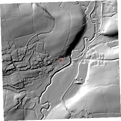Shaded relief map of the ground around EX227EJ, computed from Environment Agency LiDAR. The ground here sits at about 97 m above sea level and falls 34 m across the surrounding 800 m. Surface water reaching this point runs off ground lying to the north, 17.6 m higher.