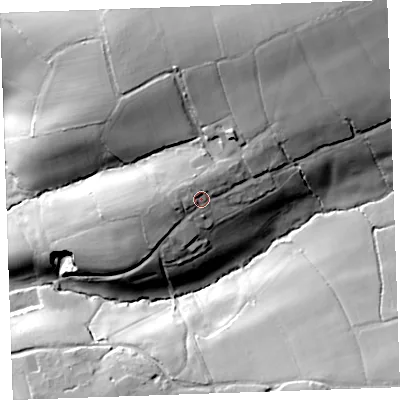 Shaded relief map of the ground around EX227EL, computed from Environment Agency LiDAR. The ground here sits at about 132 m above sea level and falls 50 m across the surrounding 800 m. Surface water reaching this point runs off ground lying to the north-north-west, 5.2 m higher.