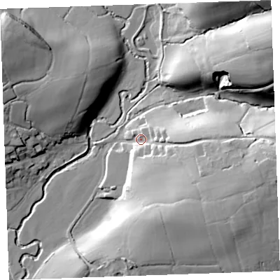 Shaded relief map of the ground around EX227EN, computed from Environment Agency LiDAR. The ground here sits at about 100 m above sea level and falls 41 m across the surrounding 800 m. Surface water reaching this point runs off ground lying to the east-south-east, 26.5 m higher.