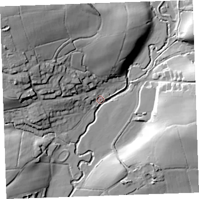 Shaded relief map of the ground around EX227EP, computed from Environment Agency LiDAR. The ground here sits at about 95 m above sea level and falls 36 m across the surrounding 800 m. Surface water reaching this point runs off ground lying to the north-west, 35.0 m higher.
