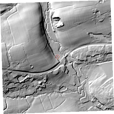 Shaded relief map of the ground around EX227HU, computed from Environment Agency LiDAR. The ground here sits at about 108 m above sea level and falls 38 m across the surrounding 800 m. Surface water reaching this point runs off ground lying to the north-north-east, 30.4 m higher.